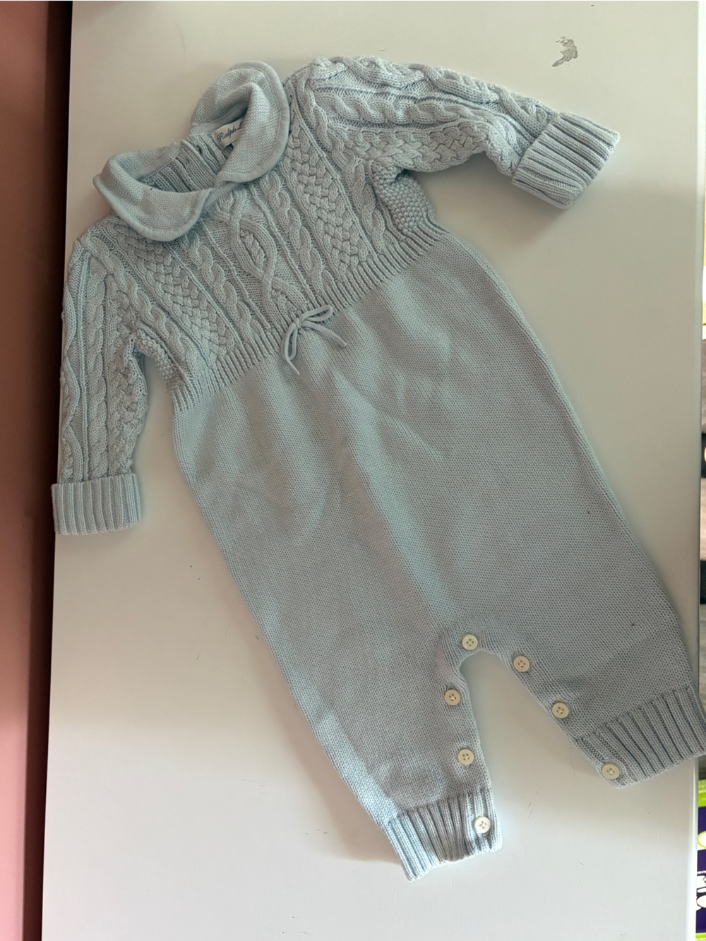Ralph Lauren Light Blue Cable Knit Baby Romper